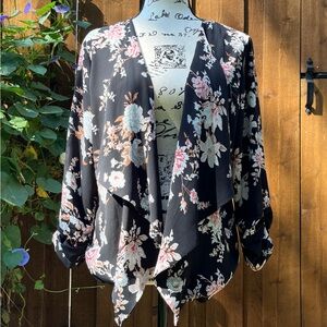 Jules & Leopold Black Floral Kimono Jacket Waterfall Open Front, Size M, EUC